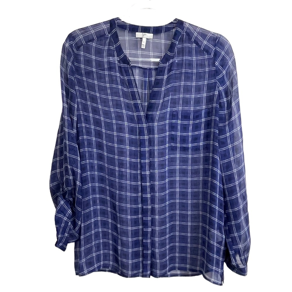 Joie V-neck Button‎ Down 3/4 Sleeve Blouse Women's size S Blue White Plaid Print